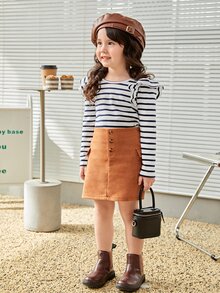 SHEIN Toddler Girls Striped Ruffle Trim Button Back Tee - White - View 5