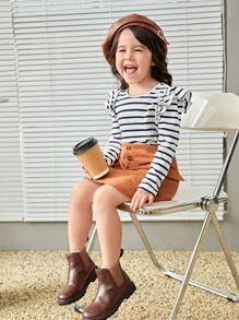 SHEIN Toddler Girls Striped Ruffle Trim Button Back Tee - White - View 6