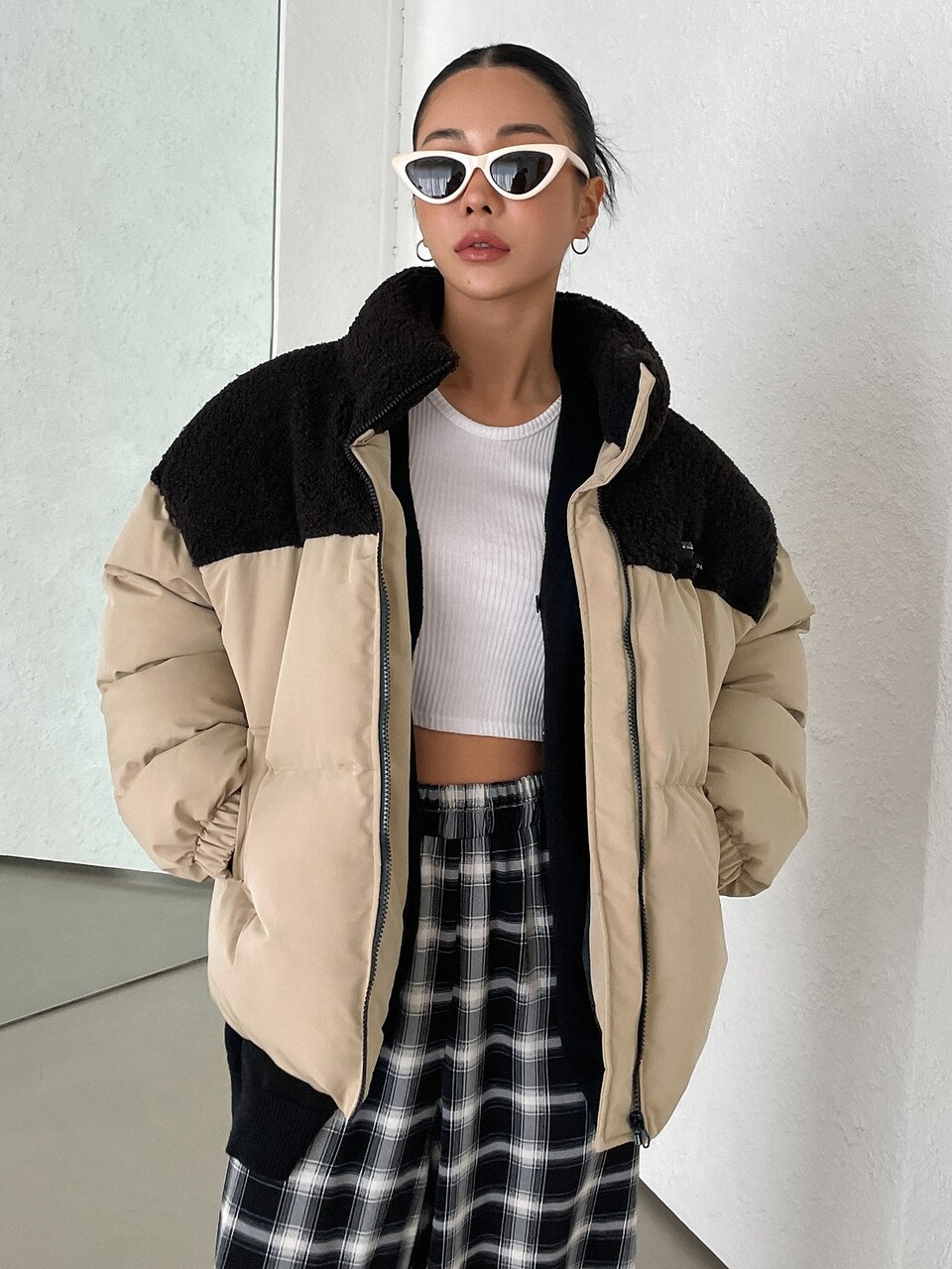 Colorblock Zip Up Puffer Thick Pockets Coat