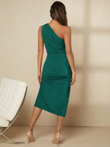 SHEIN Belle 單肩高衩褶邊連衣裙 - 綠色 - 查看 2