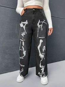 SHEIN EZwear Quần Denim kích thước lớn Nút Túi Dây kéo Đồ họa - Màu xám đen - Xem 1