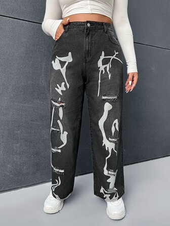 Jean droit à imprimé graphique