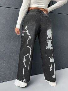 SHEIN EZwear Quần Denim kích thước lớn Nút Túi Dây kéo Đồ họa - Màu xám đen - Xem 2
