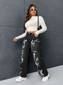 SHEIN EZwear Quần Denim kích thước lớn Nút Túi Dây kéo Đồ họa - Màu xám đen - Xem 3