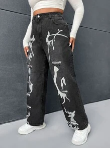 SHEIN EZwear Quần Denim kích thước lớn Nút Túi Dây kéo Đồ họa - Màu xám đen - Xem 4