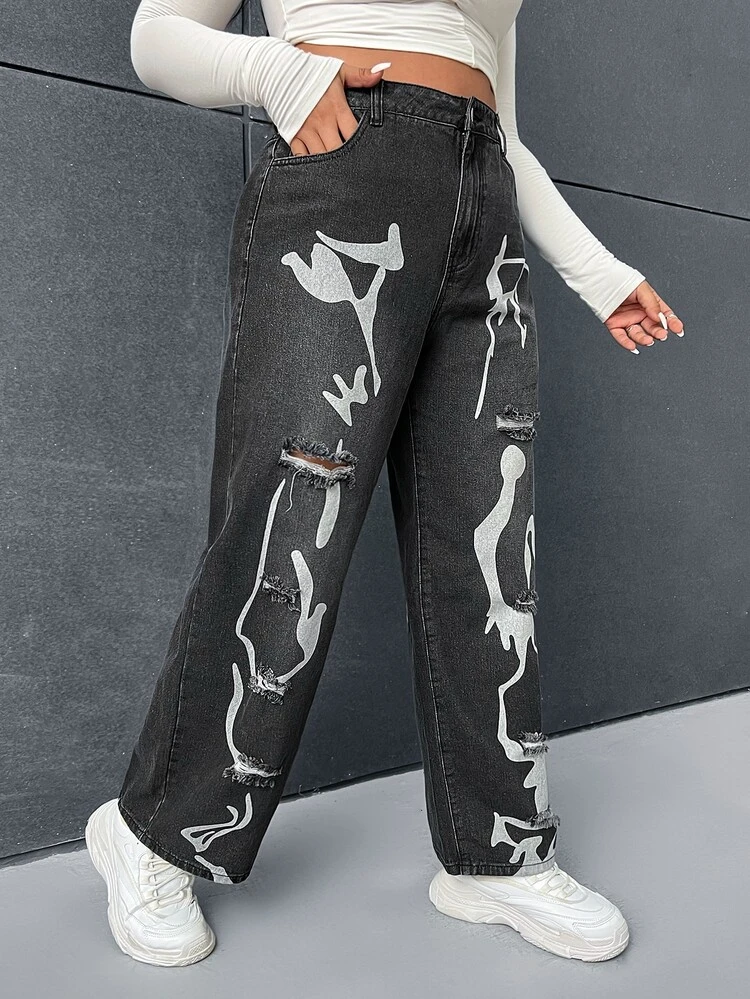 Plus Graphic Print Straight Leg Jeans