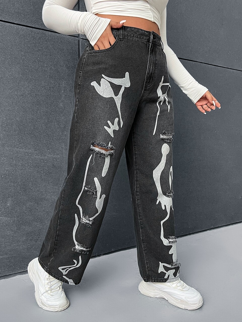 Plus Graphic Print Straight Leg Jeans