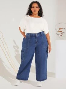 SHEIN CURVE+ Plus Flap Pocket Wide Leg Jeans - Dark Wash - View 2