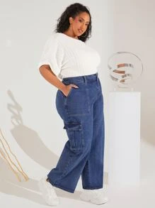 SHEIN CURVE+ Plus Flap Pocket Wide Leg Jeans - Dark Wash - View 1