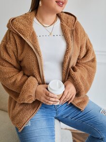 SHEIN LUNE Plus Drop Shoulder Hooded Teddy Jacket - Brown - View 5