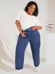 SHEIN CURVE+ Plus Flap Pocket Wide Leg Jeans - Dark Wash - View 5