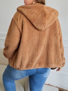 SHEIN LUNE Plus Drop Shoulder Hooded Teddy Jacket - Brown - View 2