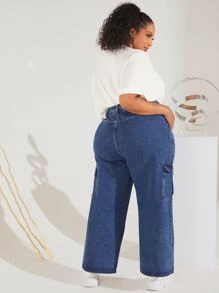 SHEIN CURVE+ Plus Flap Pocket Wide Leg Jeans - Dark Wash - View 6
