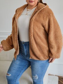 SHEIN LUNE Plus Drop Shoulder Hooded Teddy Jacket - Brown - View 3