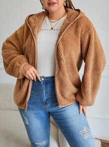 SHEIN LUNE Plus Drop Shoulder Hooded Teddy Jacket - Brown - View 1