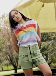 SHEIN X Calle y Poché SHEIN SXY Solid Flap Pocket Belted Shorts - Army Green - View 9