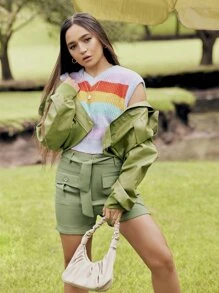 SHEIN X Calle y Poché SHEIN SXY Solid Flap Pocket Belted Shorts - Army Green - View 10