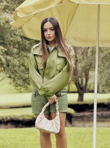 SHEIN X Calle y Poché SHEIN SXY Solid Flap Pocket Belted Shorts - Army Green - View 12