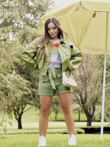 SHEIN X Calle y Poché SHEIN SXY Solid Flap Pocket Belted Shorts - Army Green - View 11