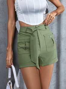 SHEIN X Calle y Poché SHEIN SXY Solid Flap Pocket Belted Shorts - Army Green - View 1