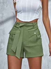 SHEIN X Calle y Poché SHEIN SXY Solid Flap Pocket Belted Shorts - Army Green - View 4