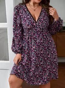 SHEIN Frenchy Plus Ditsy Floral Print Guipure Lace Trim Dress - Multicolor - View 1