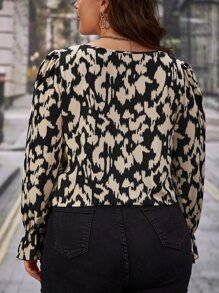 SHEIN Frenchy Plus Allover Print Flounce Sleeve Blouse - Black - View 6