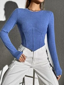 SHEIN EZwear Camiseta corta unicolor bajo asimétrico - Azul - Ver 5