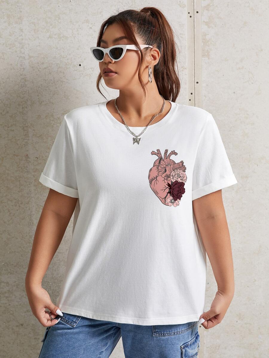 L'Amour Morbide Plus Floral and Heart Print Tee - White - View 1
