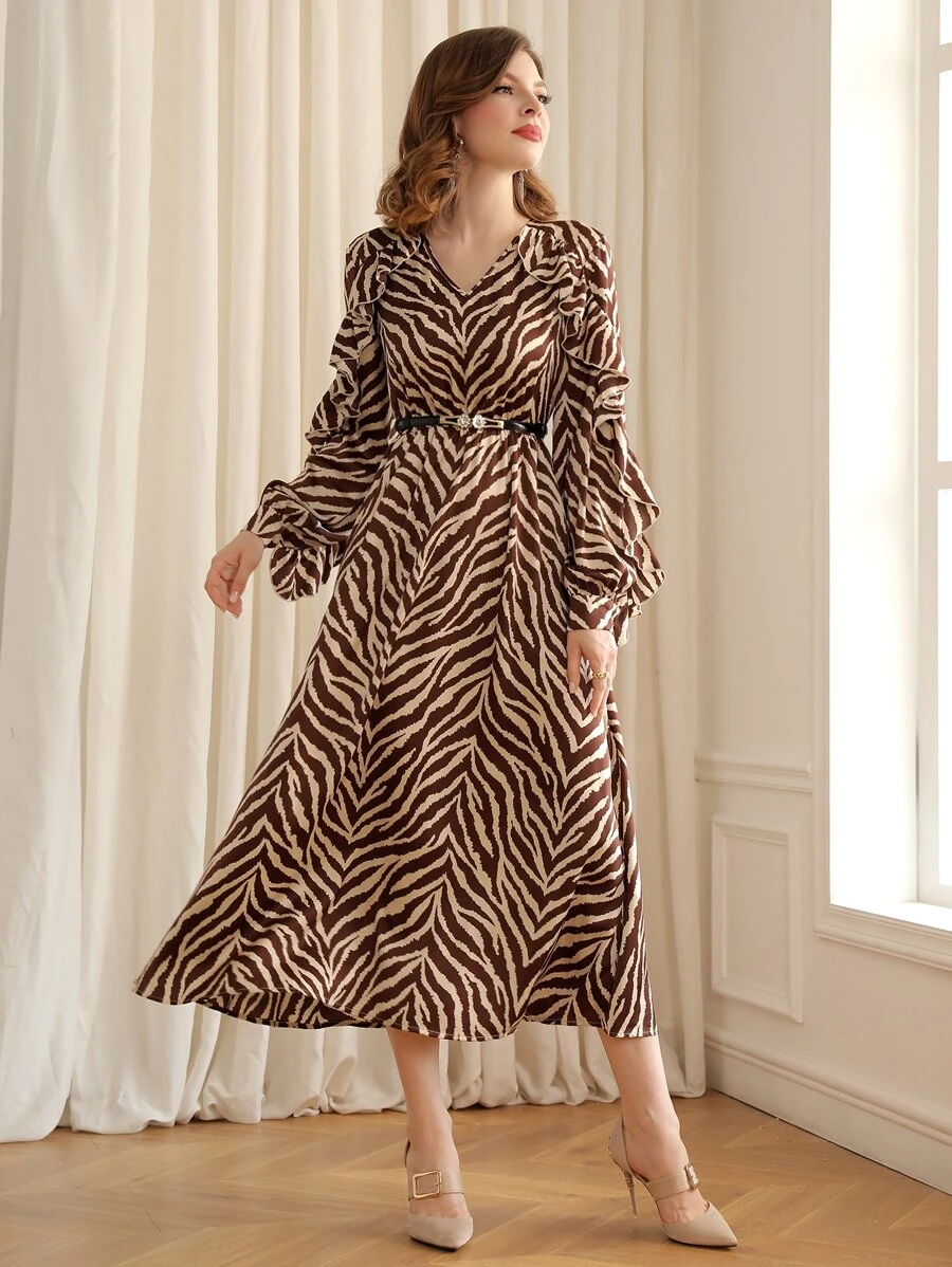 Modelyn Vestido de rayas de cebra ribete con fruncido sin cinturón - Multicolor - Ver 1