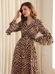 Modelyn Vestido de rayas de cebra ribete con fruncido sin cinturón - Multicolor - Ver 2