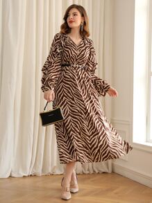 Modelyn Vestido de rayas de cebra ribete con fruncido sin cinturón - Multicolor - Ver 3