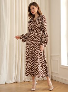 Modelyn Vestido de rayas de cebra ribete con fruncido sin cinturón - Multicolor - Ver 4