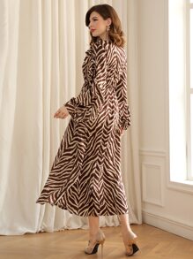 Modelyn Vestido de rayas de cebra ribete con fruncido sin cinturón - Multicolor - Ver 5