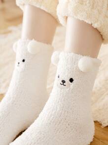 Toddler Girls Cartoon Embroidery Fuzzy Socks - White - View 3