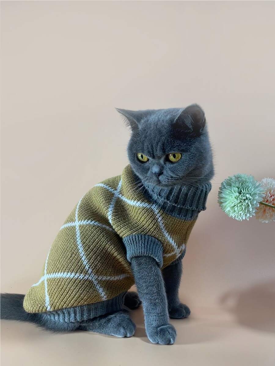 幾何樣式寵物高領套頭毛衣 - 駝色 - 查看 1