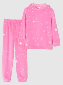 女孩星空圖案連帽上衣和褲子睡衣套裝 - 粉色 - 查看 1