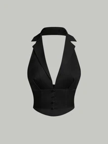 SHEIN MOD Top halter de cuello con solapa con botón delantero - Negro - Ver 2