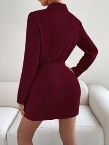 Chiquease Lapel Neck Wrap Hem Dress - Burgundy - View 2