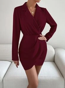 Chiquease Lapel Neck Wrap Hem Dress - Burgundy - View 6