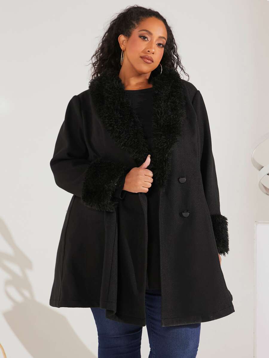 SHEIN CURVE+ Plus Borg Collar Double Breasted Overcoat - Black - View 1