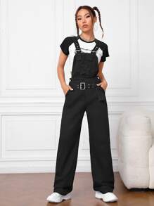 Slant Pocket Belted Denim Dungarees Without Top - Black - View 6