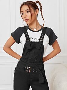 Slant Pocket Belted Denim Dungarees Without Top - Black - View 3
