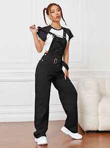 Slant Pocket Belted Denim Dungarees Without Top - Black - View 1