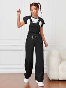 Slant Pocket Belted Denim Dungarees Without Top - Black - View 4