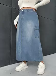 SHEIN EZwear 大碼高腰翻蓋口袋牛仔半身裙 - 淺色水洗藍 - 查看 1