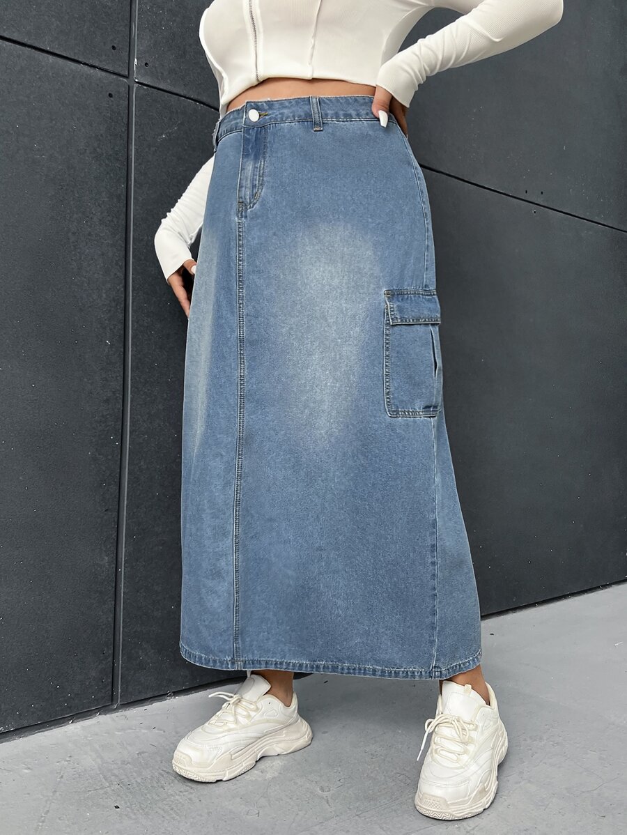 SHEIN EZwear 大碼高腰翻蓋口袋牛仔半身裙 - 淺色水洗藍 - 查看 1