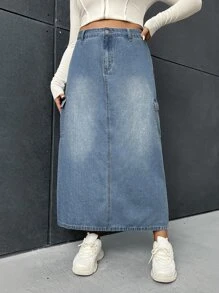 SHEIN EZwear 大碼高腰翻蓋口袋牛仔半身裙 - 淺色水洗藍 - 查看 3