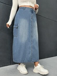 SHEIN EZwear 大碼高腰翻蓋口袋牛仔半身裙 - 淺色水洗藍 - 查看 4