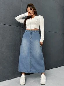 SHEIN EZwear 大碼高腰翻蓋口袋牛仔半身裙 - 淺色水洗藍 - 查看 5